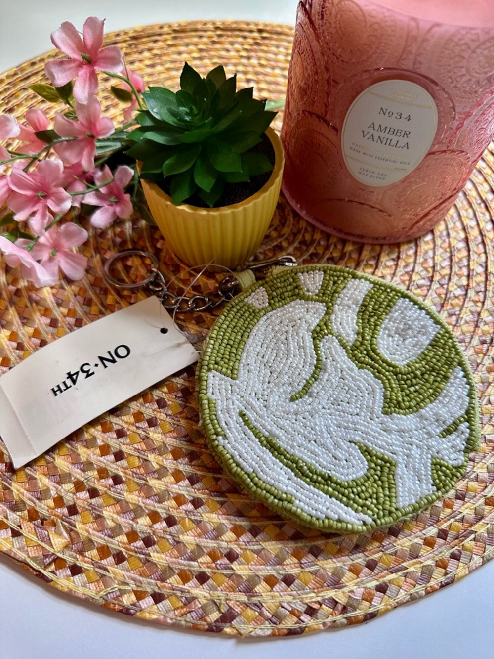 Hand-Beaded Green & White Coin Pouch Keychain by ON 34th